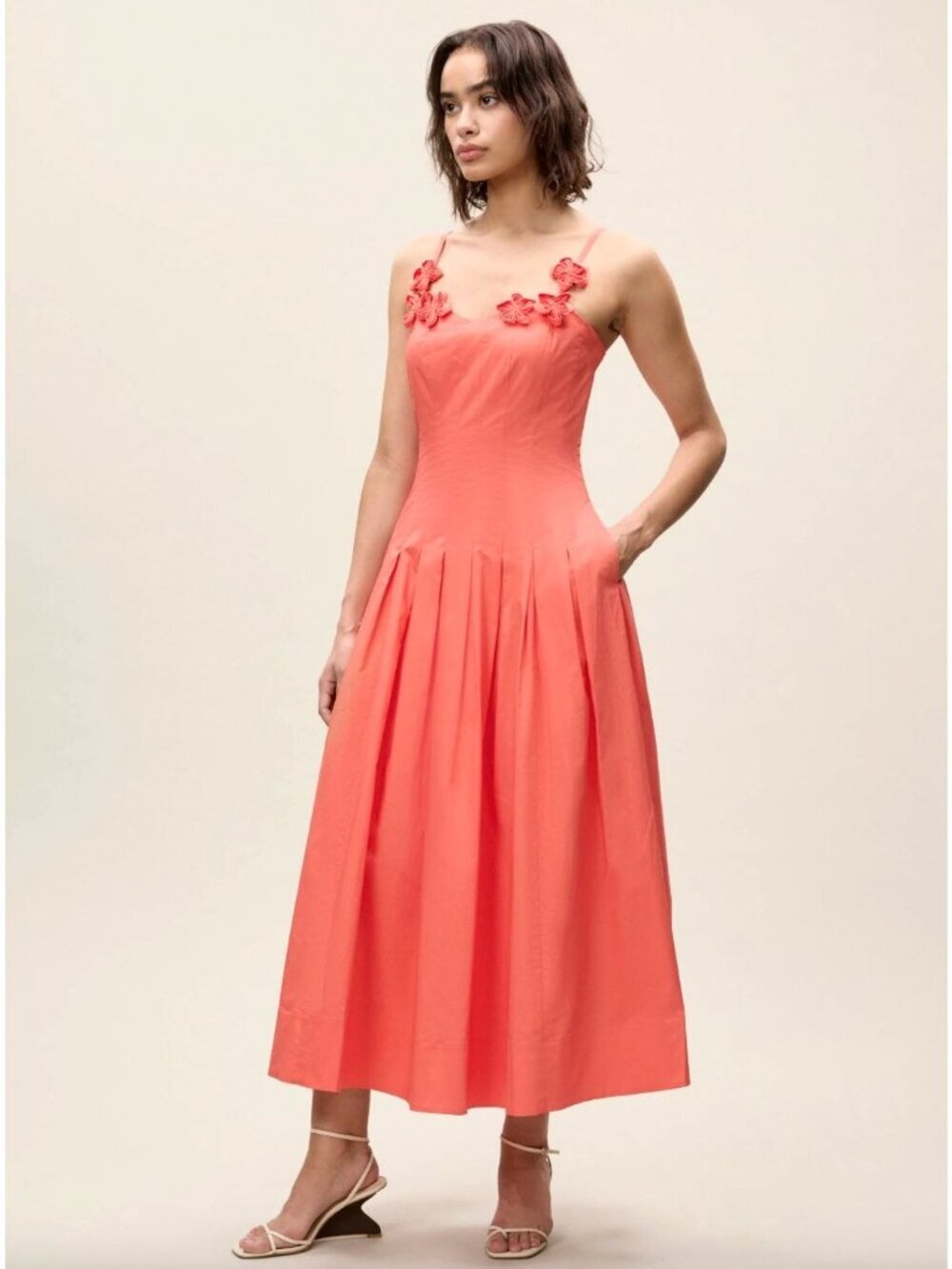Rebecca Taylor Priya Poplin Midi Dress Coral Womens Size 10 - Picture 3 of 10
